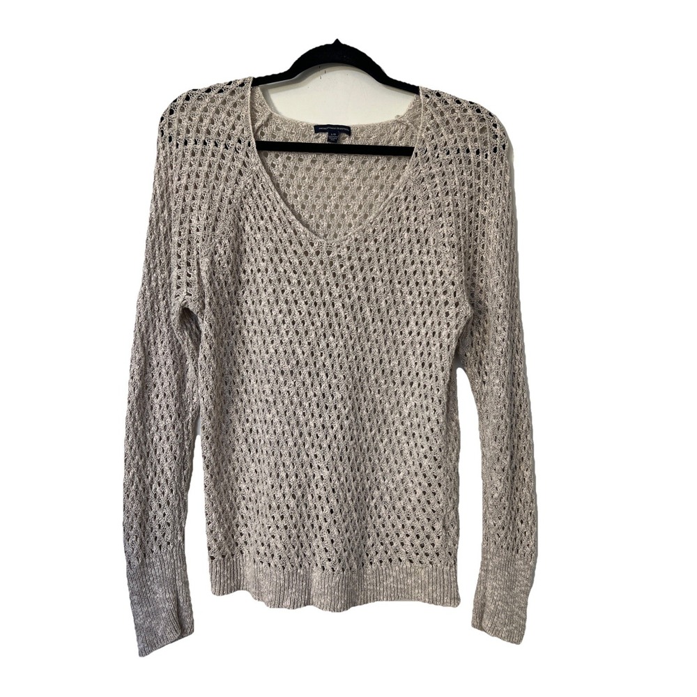 American Eagle Outfitters Women's Large Sweater Tan Gray Open Knit Crochet